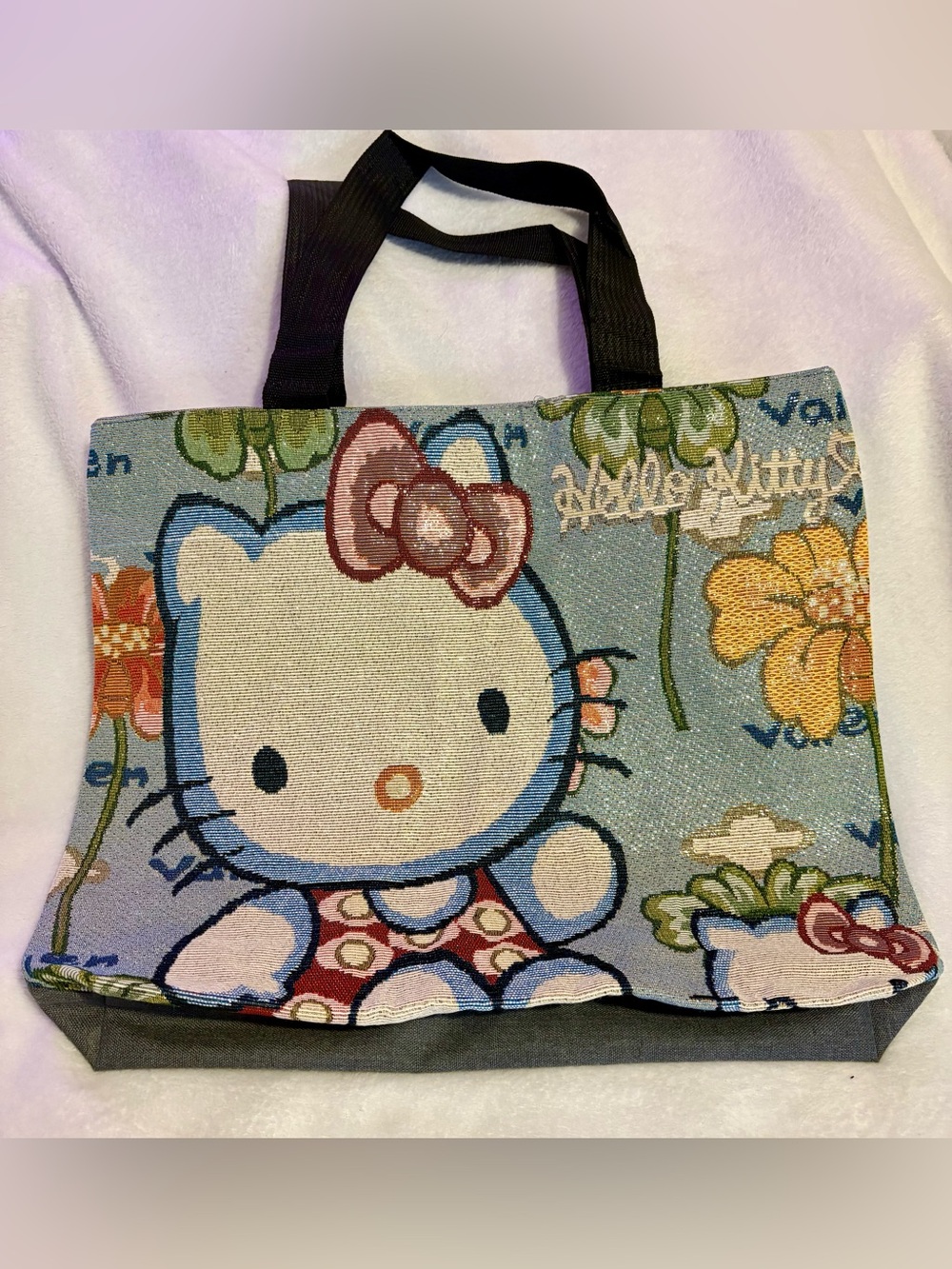 Hello Kitty Floral Tapestry Tote in Blue, Pink and Black